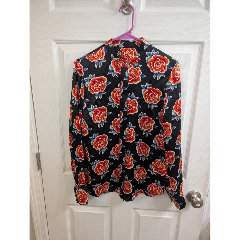 Brooks Brothers Silk Rose Print Blouse Womens Floral Mandarin Top - Size 8